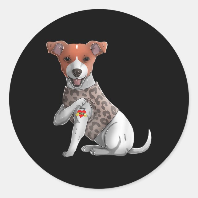 Pegatina Redonda Jack Russell I Love Mom Tattoo Dog Shirt Funny Mot (Anverso)