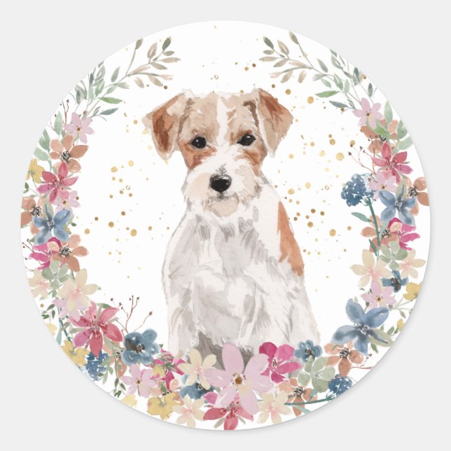 Pegatina Redonda Jack Russell Terrier Spring Flowers Wreath (Anverso)
