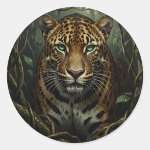 Pegatina Redonda Jaguar de Ojos Verdes Intenso en la Selva