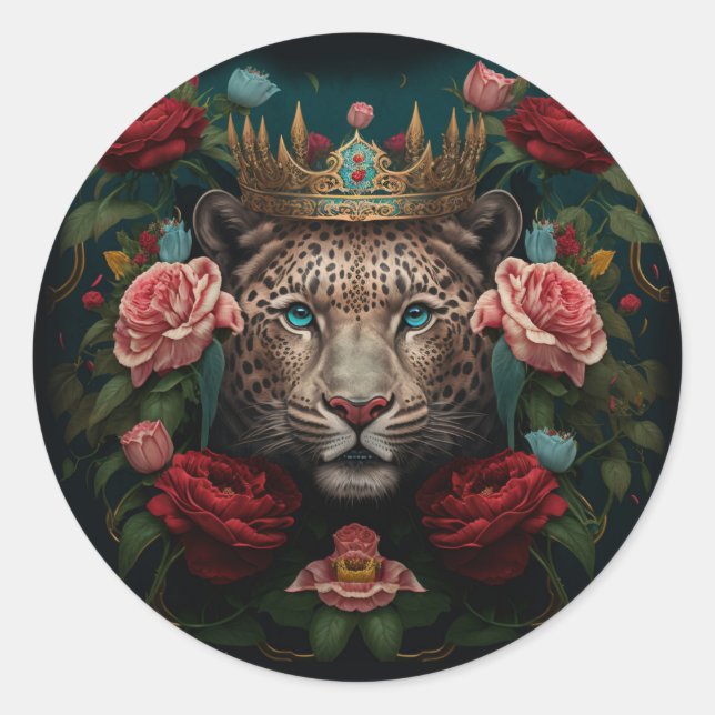 Pegatina Redonda Jaguar with Crown in Flowers Painting              (Anverso)