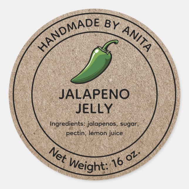 Pegatina Redonda Jalapeno Jelly Canning Jar Label Kraft Paper Style (Anverso)