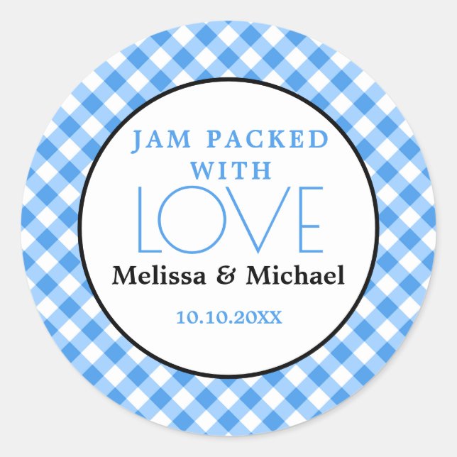 Pegatina Redonda Jam Lleno De Amor Azul Gingham Wedding Favor (Anverso)
