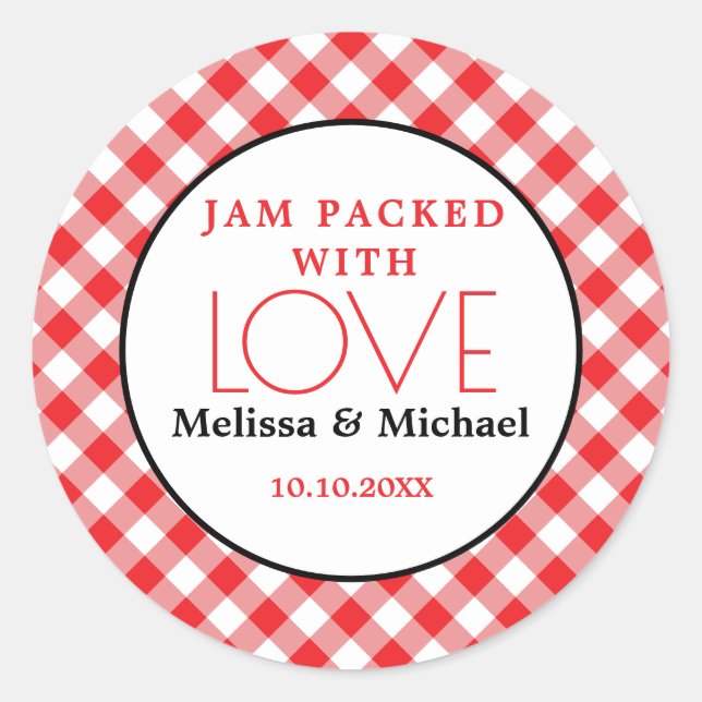 Pegatina Redonda Jam Lleno De Amor Red Gingham Wedding Favor (Anverso)