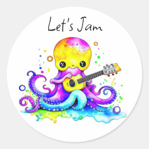 Pegatina Redonda Jam   Octopus Tocando Guitarra Acústica