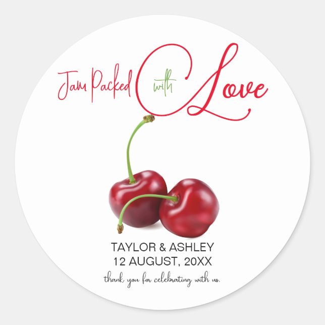 Pegatina Redonda Jam Packed with Love Cherry Fruit Boda (Anverso)