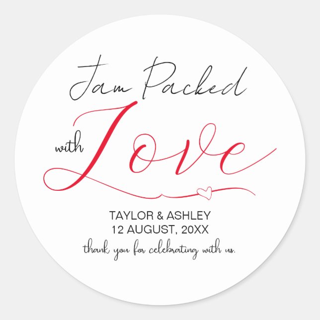 Pegatina Redonda Jam Packed with Love Minimal Script Boda (Anverso)