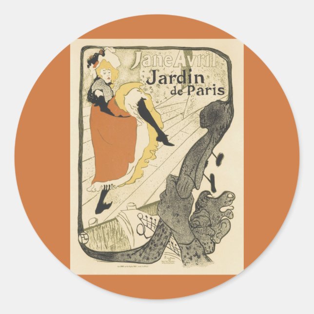 Pegatina Redonda Jane Avril, bailarina de Art Nouveau, de Toulouse  (Anverso)