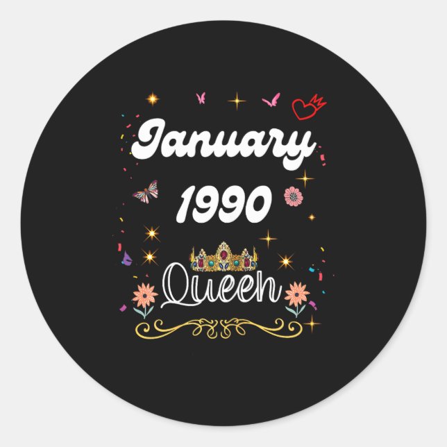 Pegatina Redonda January 1990 Queen Since January 1990 Birthday Gir (Anverso)