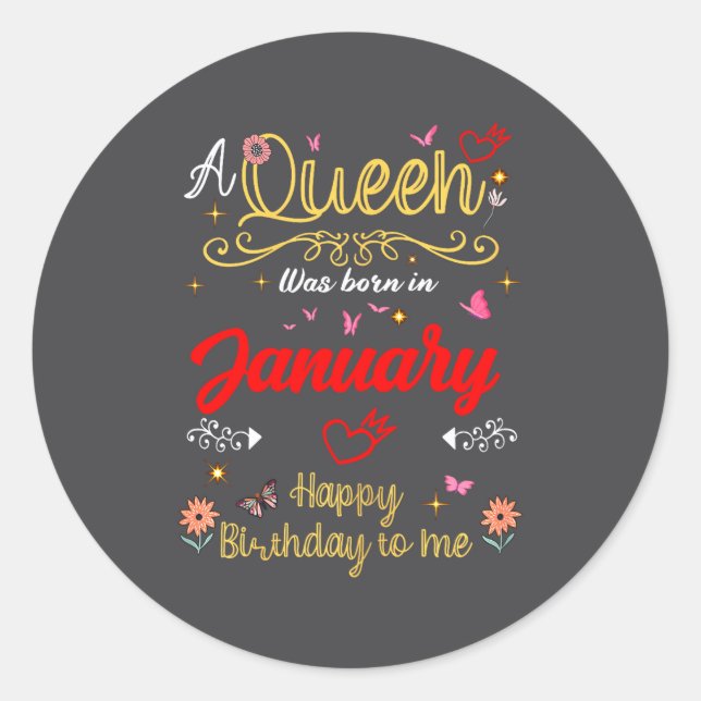 Pegatina Redonda January Birthday A Queen Was Born In January Girl  (Anverso)
