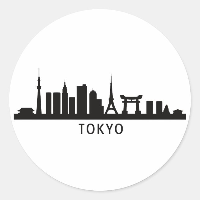 Pegatina Redonda Japan Cityscape Travel | Tokyo Skyline Silhouette (Anverso)
