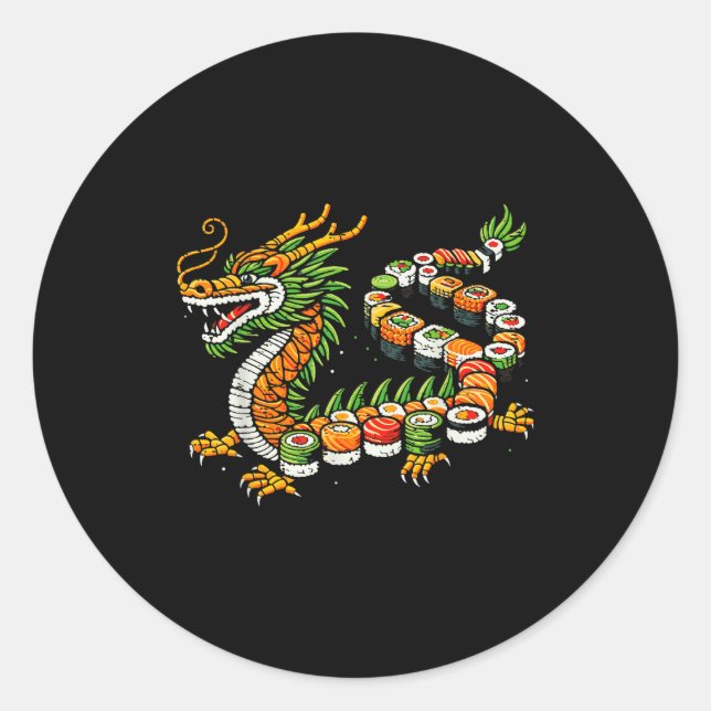Pegatina Redonda Japanese Dragon Sushi Funny Japanese Food Art Men  (Anverso)
