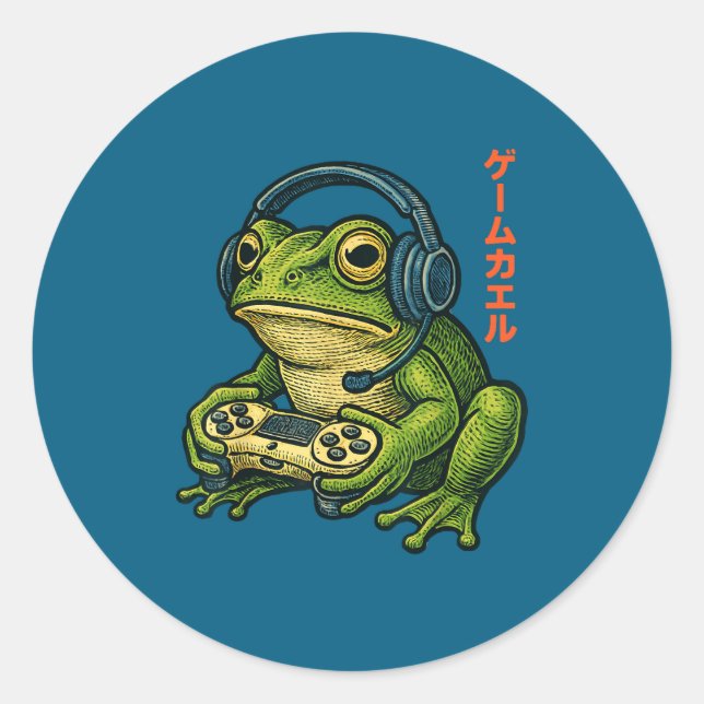 Pegatina Redonda Japanese Gamer Frog Art Men Women Boys Funny Vinta (Anverso)