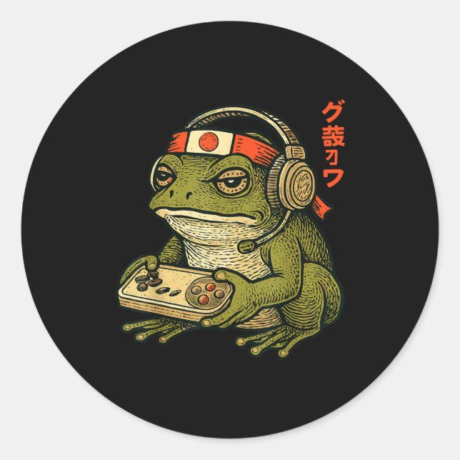 Pegatina Redonda Japanese Gamer Frog Art Men Women Boys Funny Vinta (Anverso)