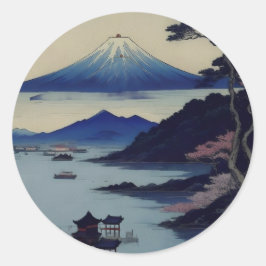Pegatina Redonda Japanese Mount Fuji Landscape Ukiyo-e Stickers 