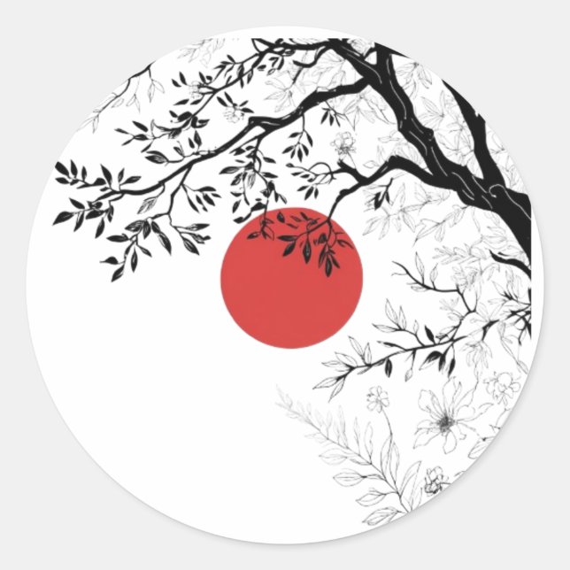 Pegatina Redonda Japanese Red Sun & Brush Tree Art (Anverso)