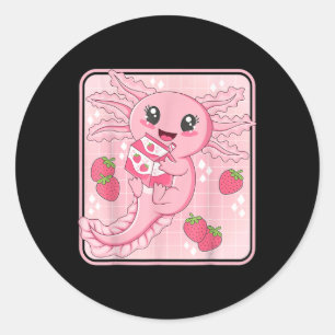 Pegatina Redonda Japanese Strawberry Milk Anime Pink Kawaii Axolotl