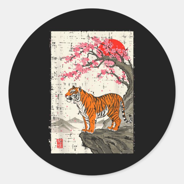 Pegatina Redonda Japanese Tiger Cherry Blossoms Sakura Art Women Me (Anverso)