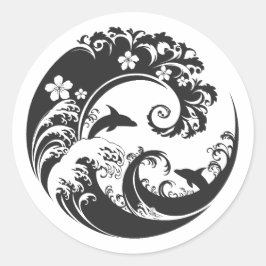 Pegatina Redonda Japanese Wave & Hibiscus charcoal black