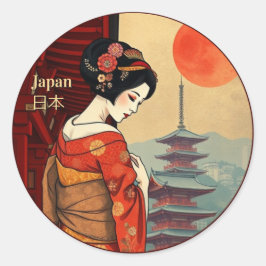 Pegatina Redonda Japón 日 本 maiko geisha pagoda retro