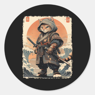 Pegatina Redonda Japón: Gato de Samurai Katana, guerrero de artes c