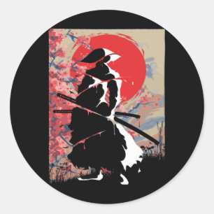Pegatina Redonda Japón: Guerrero samurai japonés, espadachín Bushid