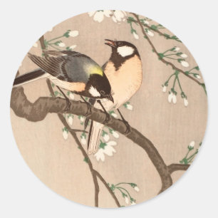 Pegatina Redonda Japonés asiático Ohara Koson pájaro carbonero pája