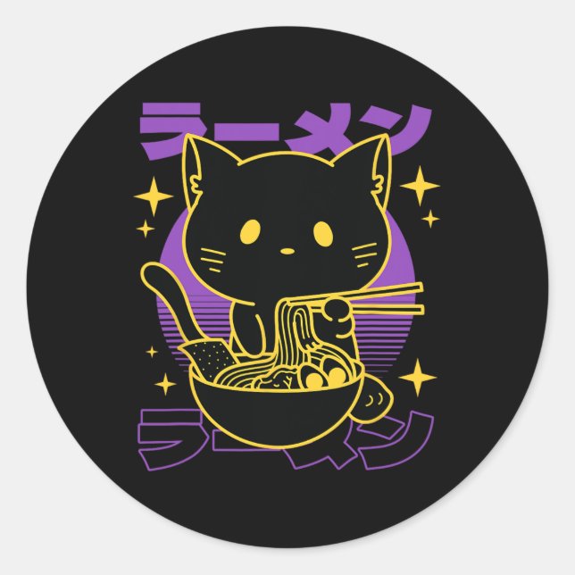Pegatina Redonda Japonés de gato Ramen (Anverso)