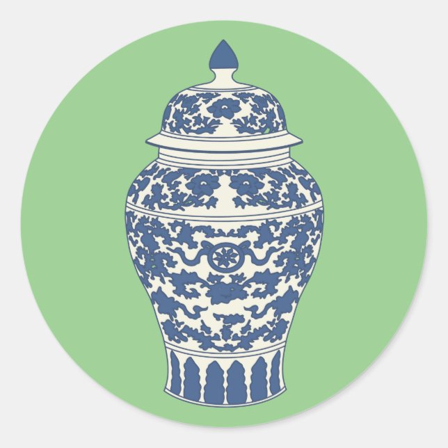 Pegatina Redonda Jar de jengibre azul y blanco (Anverso)