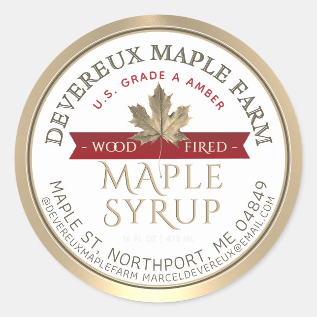 Pegatina Redonda Jarabe de arce Madera desprendida Banner Rojo Hoja (Anverso)