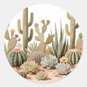 Pegatina Redonda Jardín Acuarela de Cactus Suculentos del Desierto