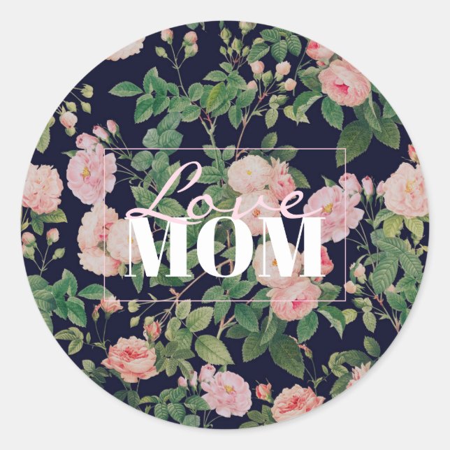 Pegatina Redonda Jardín Botánico Azul Vintage Rosa (Anverso)