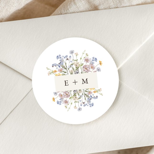 Pegatina Redonda Jardín de Bodas de Pradera con Flores Silvestres d (Colorful Spring Wildflower Meadow Garden Wedding Classic Round envelope seal Sticker)
