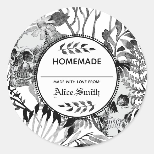 Pegatina Redonda Jardín de cráneo de acuarela (Anverso)