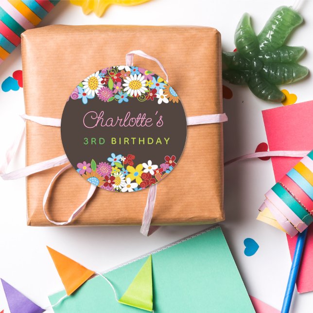 Pegatina Redonda Jardín de flores caprichosas de primavera Cumpleañ (Whimsical Colorful Spring Flowers Garden Girl's Birthday Party Favor / Envelope Seal Sticker)