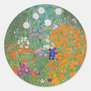 Pegatina Redonda Jardín de flores de Gustav Klimt