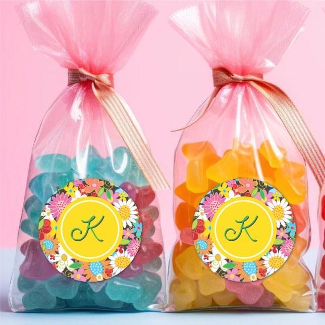 Pegatina Redonda Jardín de Flores de Primavera Caprichosas Cumpleañ (Chic Spring Flowers Garden Kid's Birthday Party Favor Monogram Sticker / Envelope Seal @ fat_fa_tin)