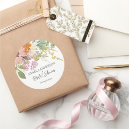 Pegatina Redonda Jardín de flores de primavera, regadera de papel p