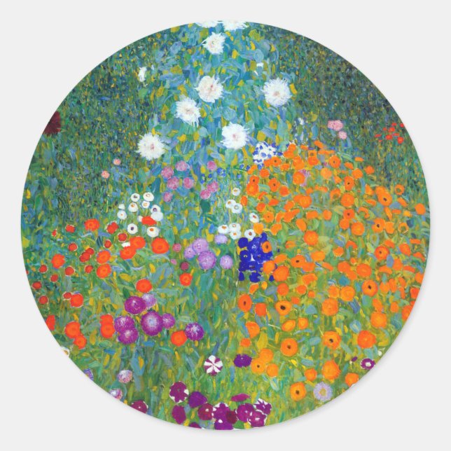 Pegatina Redonda Jardín de flores, Gustav Klimt (Anverso)