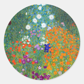 Pegatina Redonda Jardín de flores, Gustav Klimt