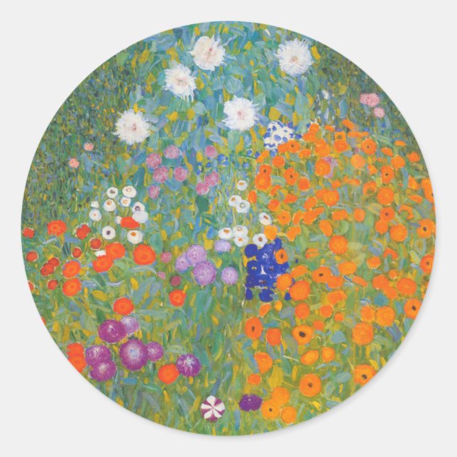 Pegatina Redonda Jardín de flores por Gustav Klimt (Anverso)