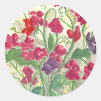 Pegatina Redonda Jardín de flores Red Sweet Pea Watercolor