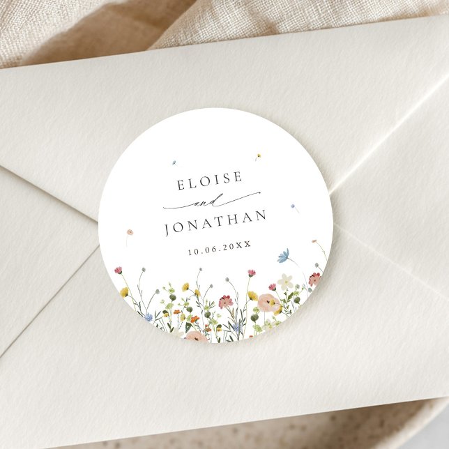 Pegatina Redonda Jardín de flores silvestres primaverales boda flor (Spring Wildflower Garden Floral Minimalist Wedding envelope seal Classic Round Sticker)