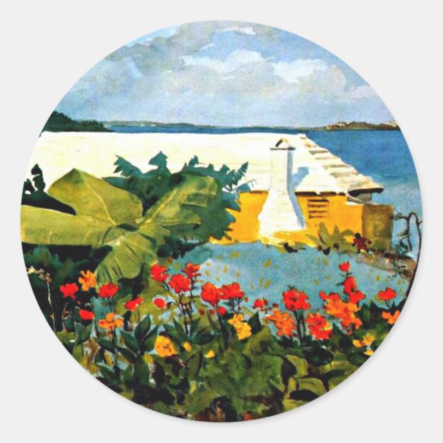 Pegatina Redonda Jardín de flores y Bungalow de Winslow Homer (Anverso)
