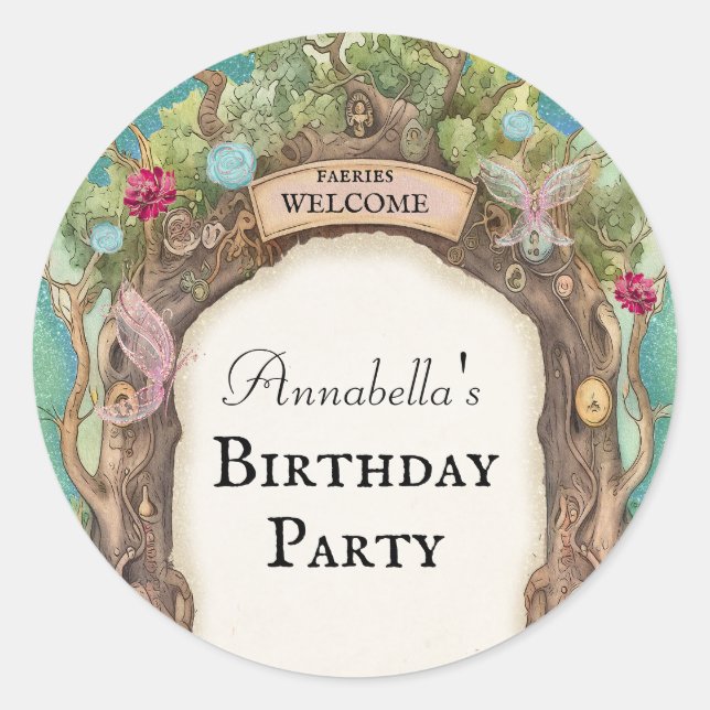 Pegatina Redonda Jardín de hadas forestales encantado en Purpurina  (Anverso)