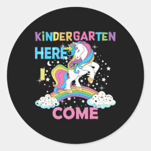 Pegatina Redonda Jardín de infantes de Unicornio Aquí vengo Escuela