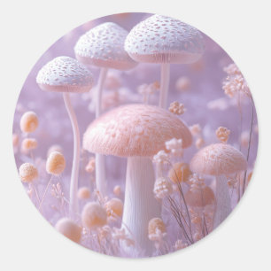 Pegatina Redonda Jardín etéreo de hongos, fantasía suave pastel