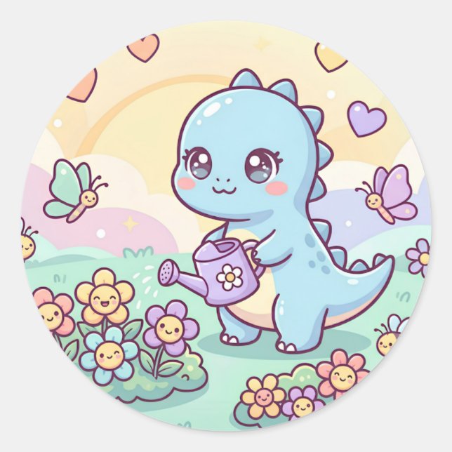 Pegatina Redonda Jardín Feliz Dino (Anverso)