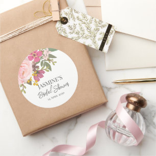 Pegatina Redonda Jardín floral rosa para ducha de novia en primaver