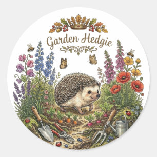 Pegatina Redonda Jardín Hedgie Cute Erizo Cottagecore Jardinería