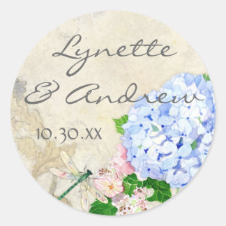 Pegatina Redonda Jardín inglés, azul y rosa Hydrangeas acuarela